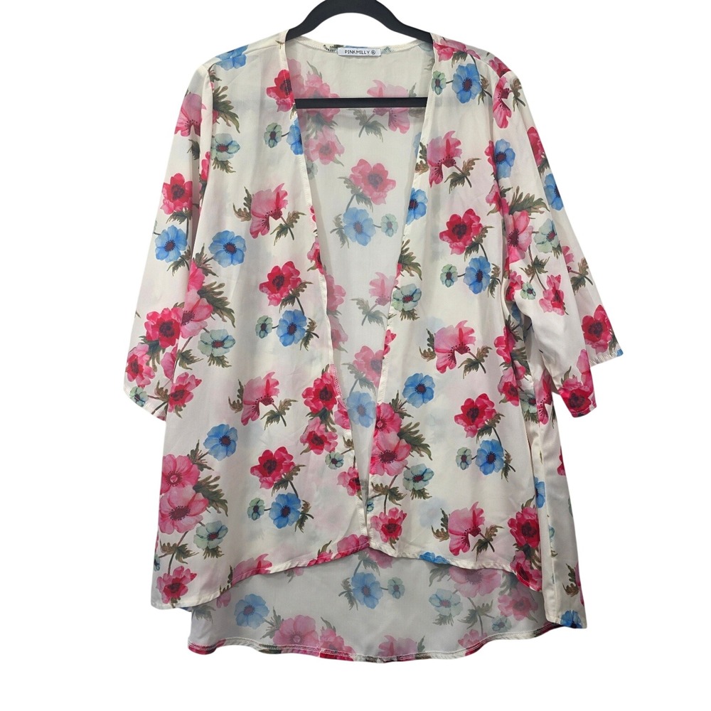 Pinkmilly Floral Kimono Cardigan XL White Pink Blue Poppy Open Front Chiffon Top